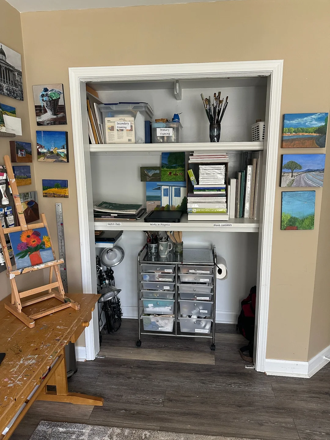 The finished studio closet with labeled shelves and a drawer cart.