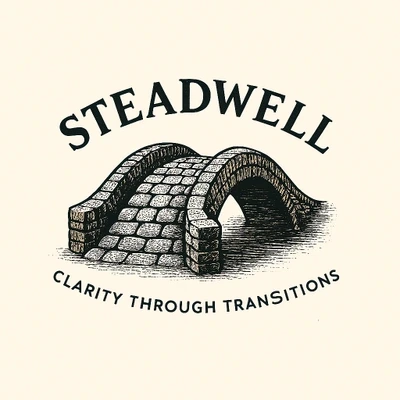 Steadwell — Clarity through transitions. Stone bridge logo.